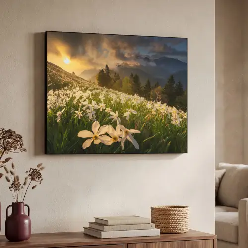 Bloemenveld - Heuvels - Zonsondergang - Berg - Natuur - Wit - Heuvels Textielframe - compleet frame klein -sfeer3