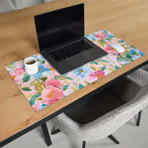 Blauw - Roze - Bloemen Muismat XXL klein -sfeer1