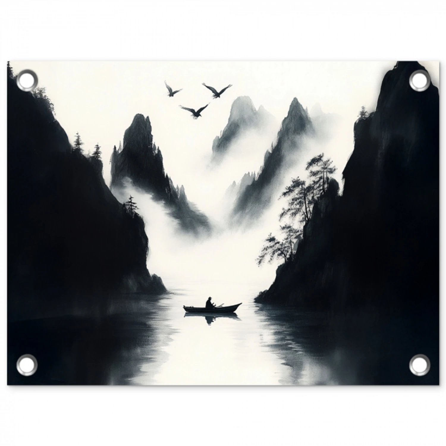 Roeiboot - Mistig - Bergen - Vogels tuinposter los doek klein -3d