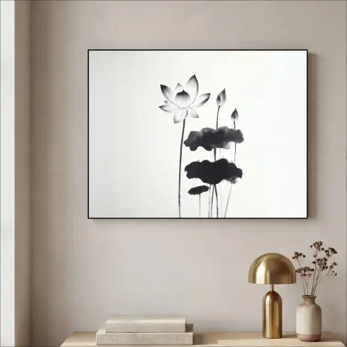 Bladeren - Zwart - Lotusbloem - Minimalitisch Textielframe zwart klein -sfeer2