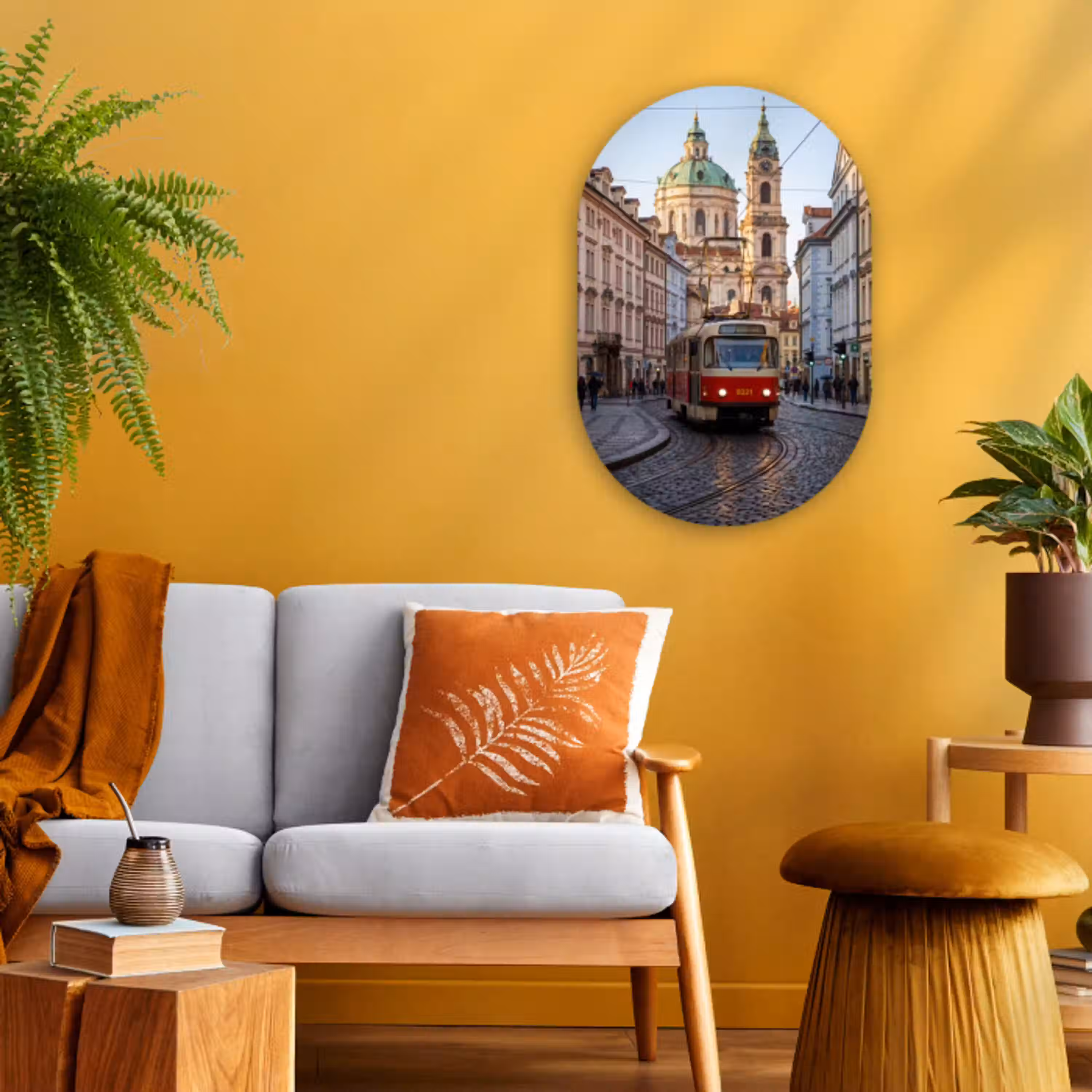 Tram - Straat - Stadsgezicht - Klassiek - Rood Wandcirkel Ovaal Forex klein -sfeer4