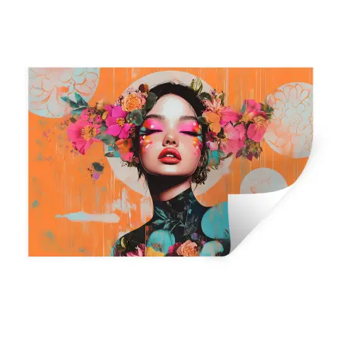 Portret - Vrouw - Abstract - Bloemen Muursticker klein -3d