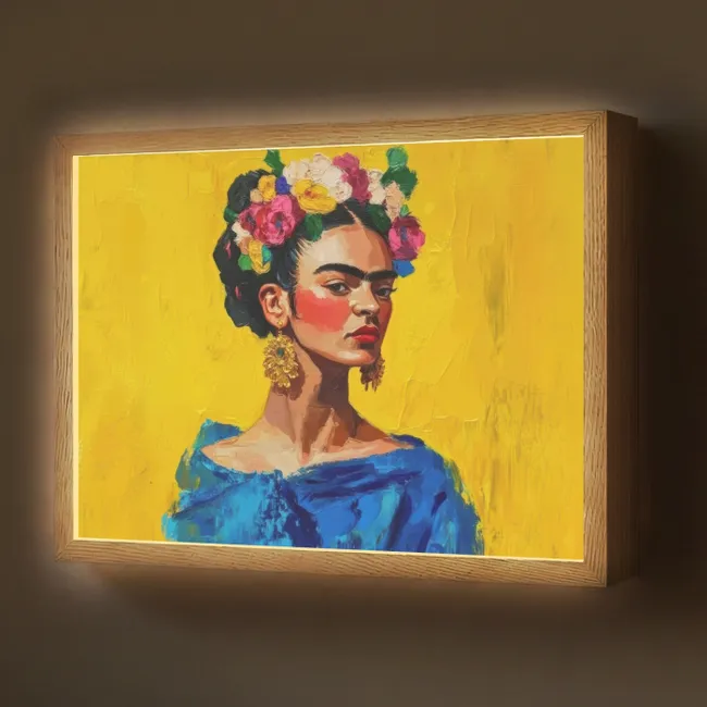Lightbox - Wandlamp - Frida Kahlo - Vrouw - Geel - Blauw - Bloemen