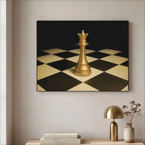 Koningin - Schaakstuk - Geblokt - Goud Textielframe zwart klein -sfeer2