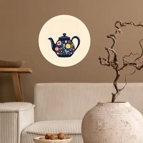 Theepot - Kleurrijk - Bloemen Wandcirkel behangsticker klein -sfeer1