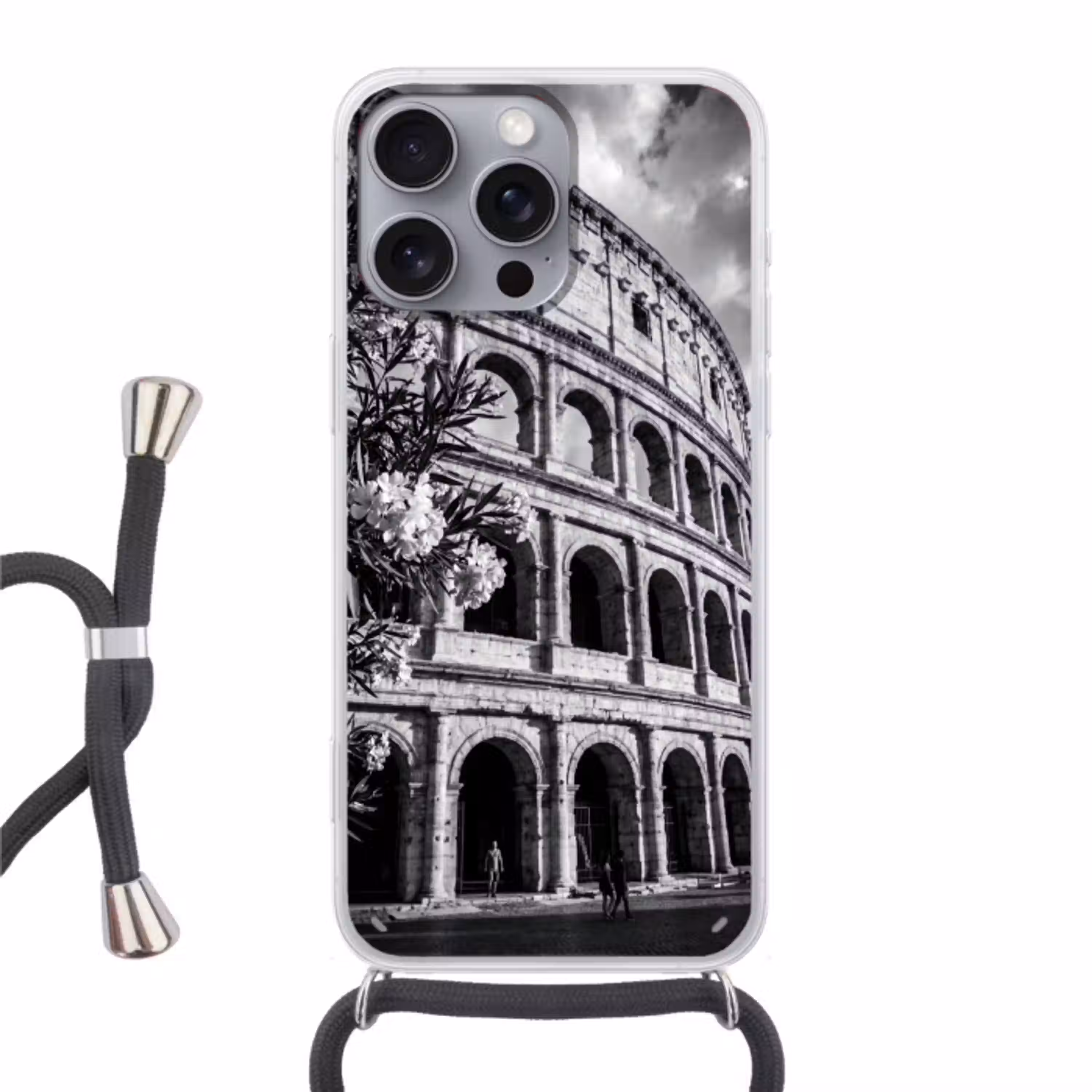 Architectuur - Colosseum - Rome - Historisch - Zwart-wit Hoesje iPhone 16 Pro Max met koord klein -3d