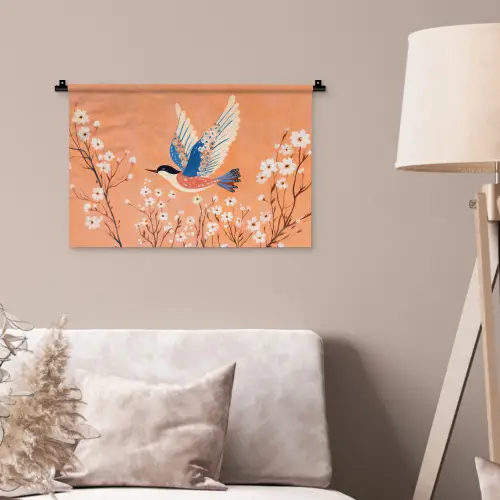 Vogel - Bloesemtakken - Warm - Kleurrijk Wandkleed katoen klein -sfeer4