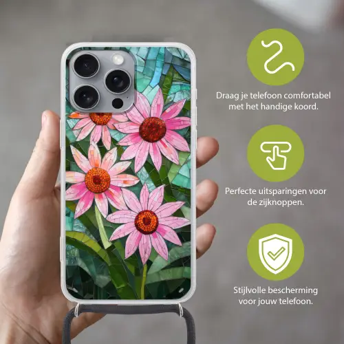 Bloemen - Roze - Glasmozaïek Hoesje iPhone 16 Pro Max met koord klein -sfeer2_NL