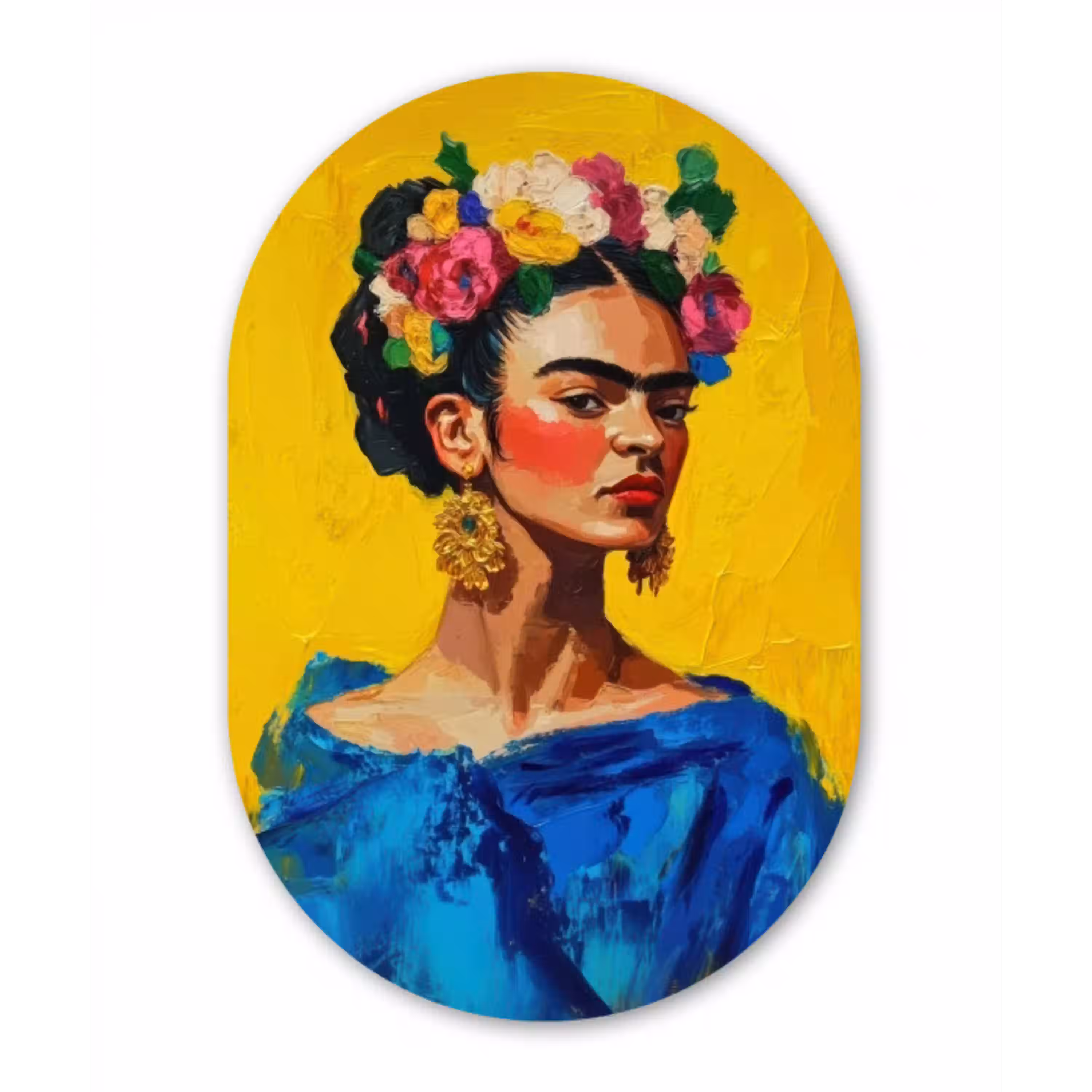 Frida Kahlo - Vrouw - Geel - Blauw - Bloemen Wandcirkel Ovaal Glas middel -3d