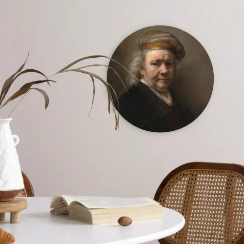 Zelfportret - Schilderij van Rembrandt van Rijn Wandcirkel kunststof plaat 5mm dik klein -sfeer4