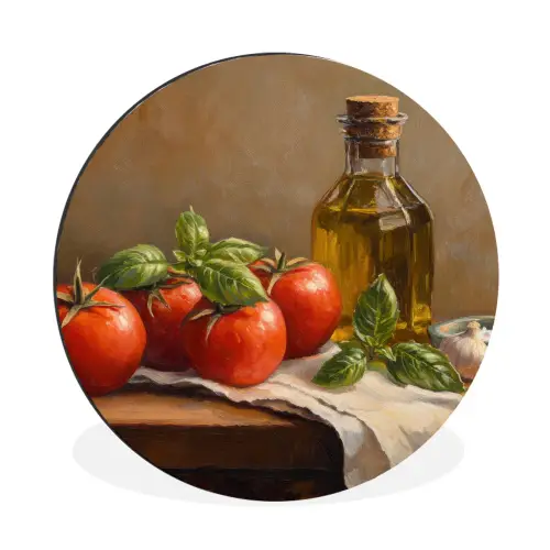 Tomaten - Olijfolie - Stilleven Wandcirkel aluminium klein -3d