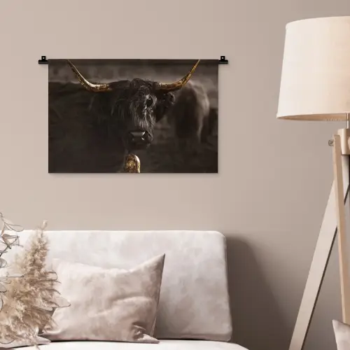 Schotse hooglander - Goud - Koebel - Hoorns - Dieren Wandkleed katoen klein -sfeer4