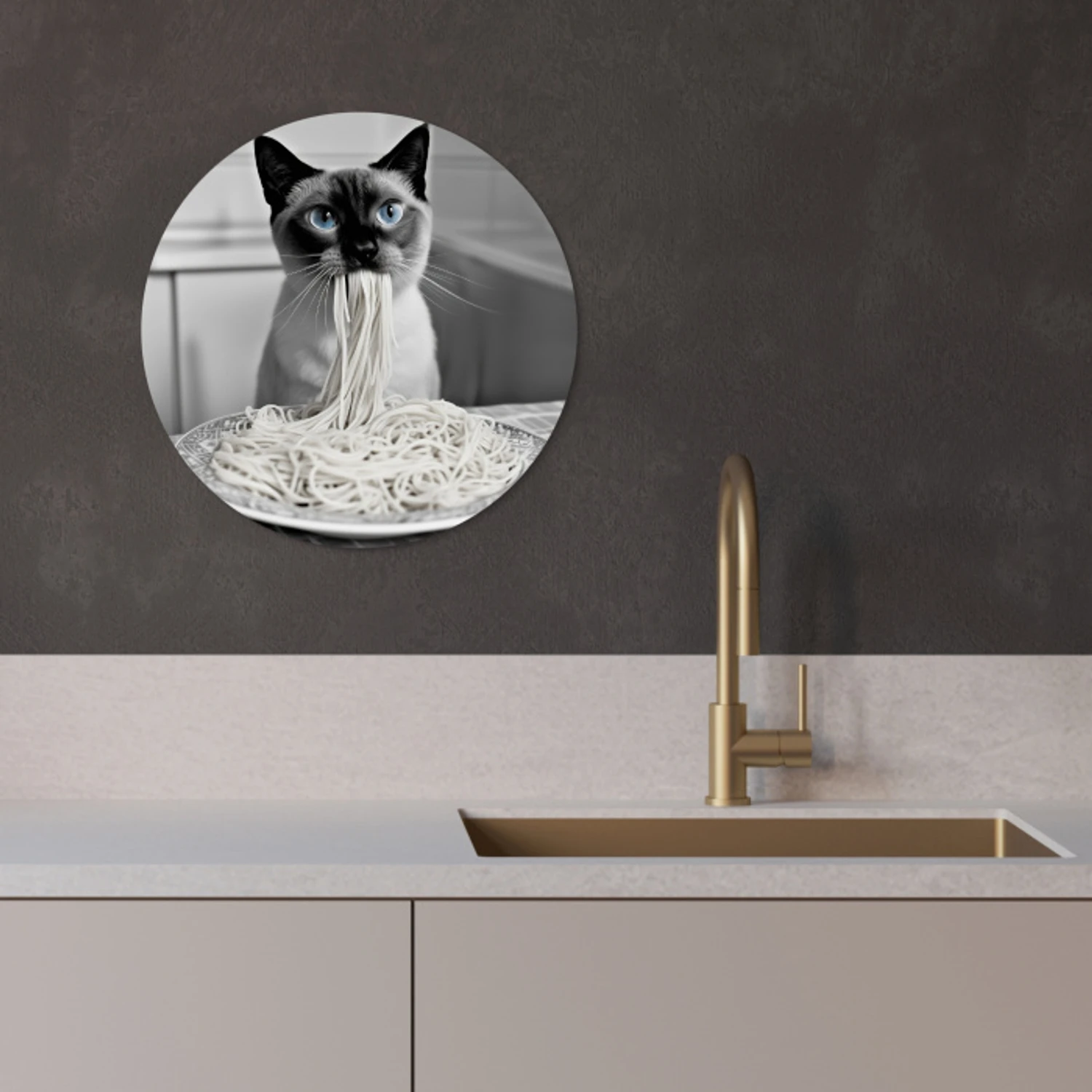 Kat - Siamees - Zwart Wit - Schattig - Dieren KitchenYeah - Keuken - Wandcirkel Forex klein -sfeer1