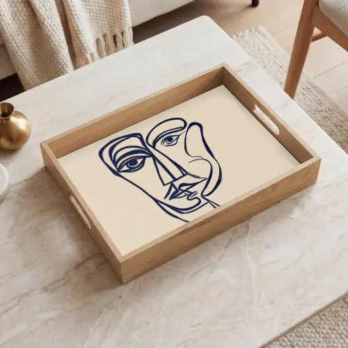 Minimalistisch - Lijnillustratie - Beige - Donkerblauw Dienblad Rechthoek middel -sfeer1