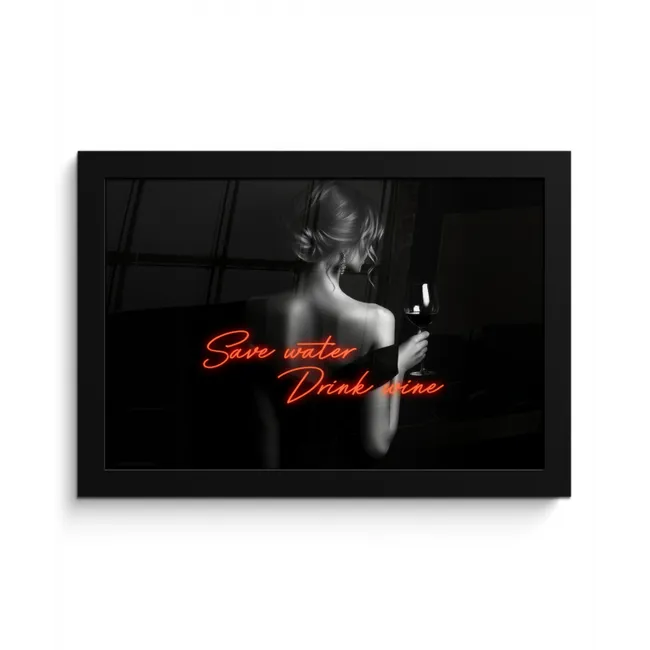 Wijn - Vrouw - Neon - Quote fotolijst zwart zonder passe partout klein -3d