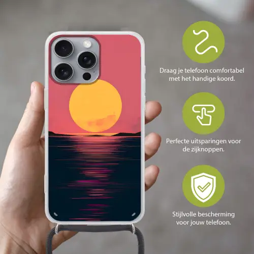 Zon - Geel - Bergen - Water Hoesje iPhone 16 Pro Max met koord klein -sfeer2_NL