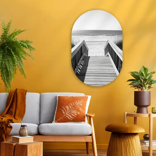 Loopbrug - Hout - Strand - Zee Wandcirkel Ovaal Glas middel -sfeer4