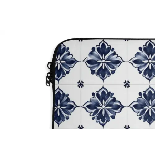 Tegelmotief - Blauw - Wit - Bloem laptophoes neopreen klein 279 -detail