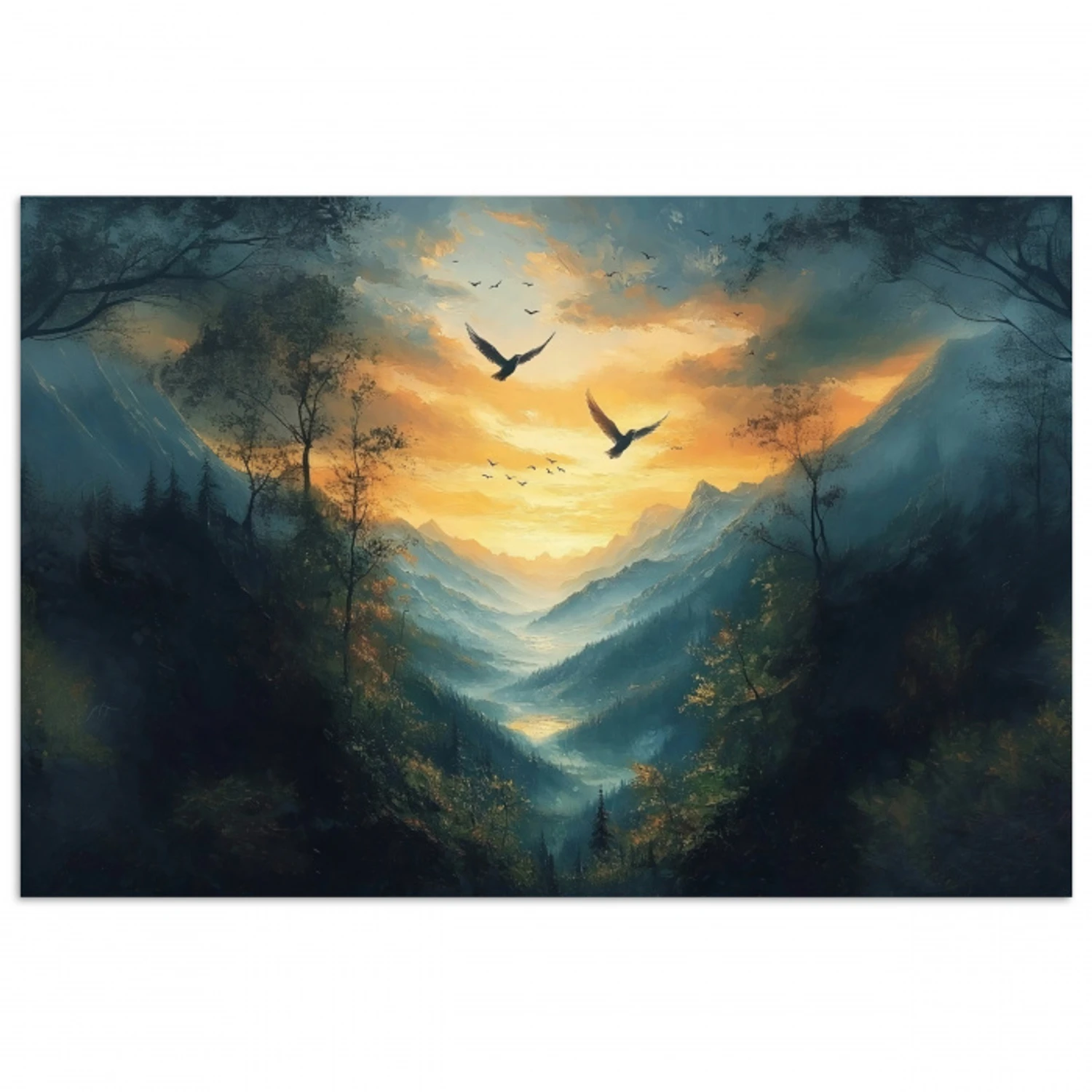 Vogels - Zon - Bomen - Groen poster papier klein -3d