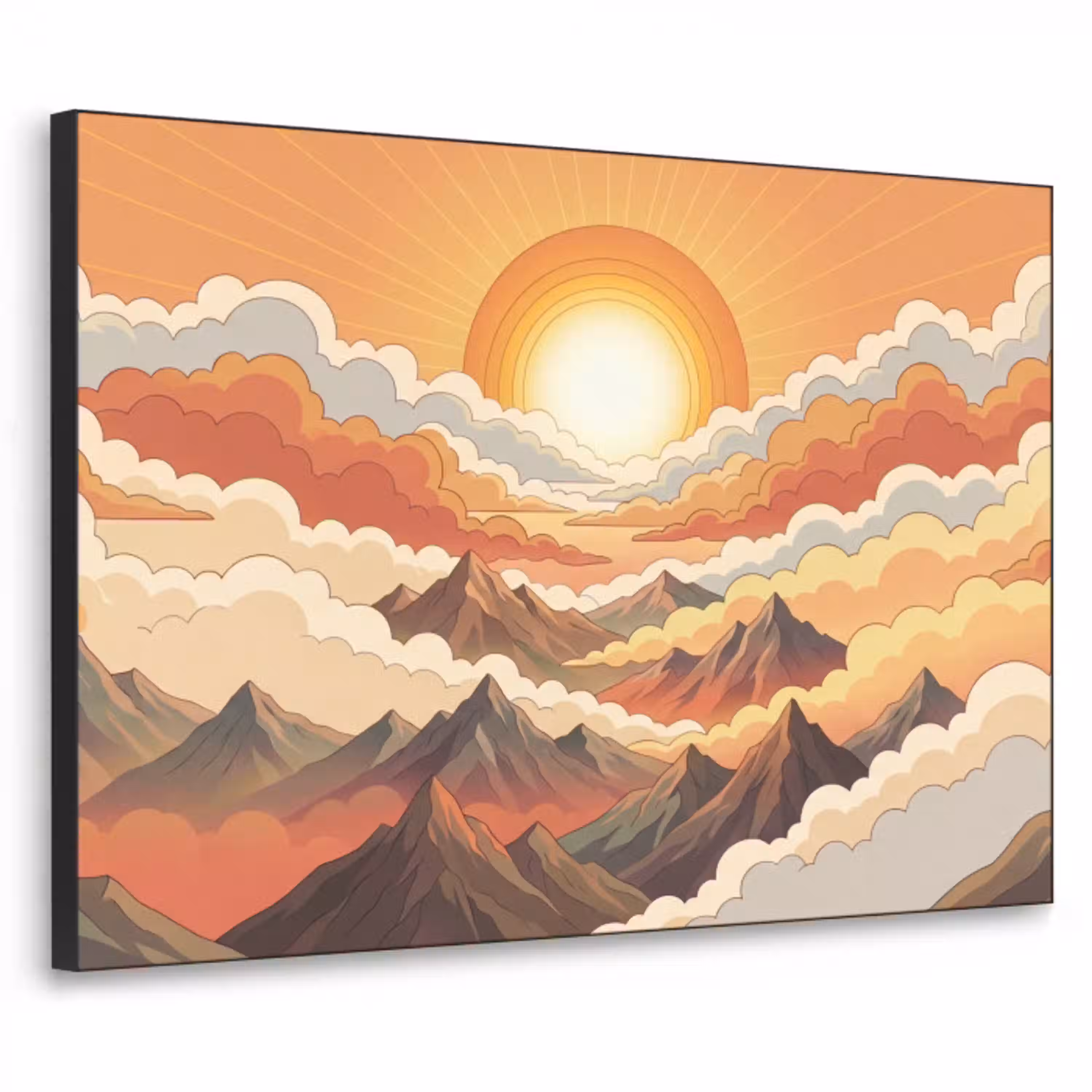 Bergen - Wolken - Natuur - Zonsopgang - Oranje Textielframe zwart klein -3d