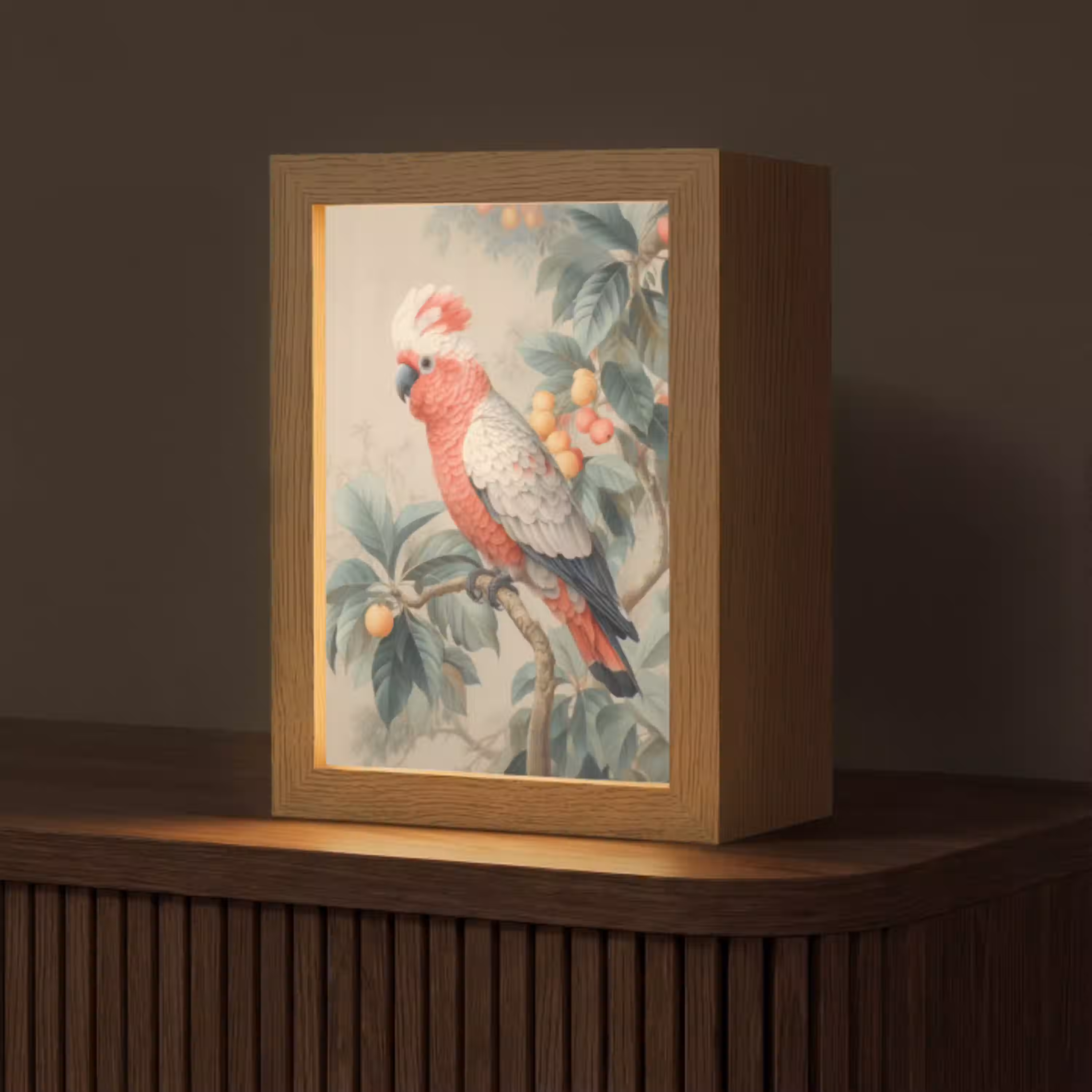 Roze kuifkaketoe - Tak met vruchten - Bladeren Light Box met kabel (Tafellamp) klein -z3d_website