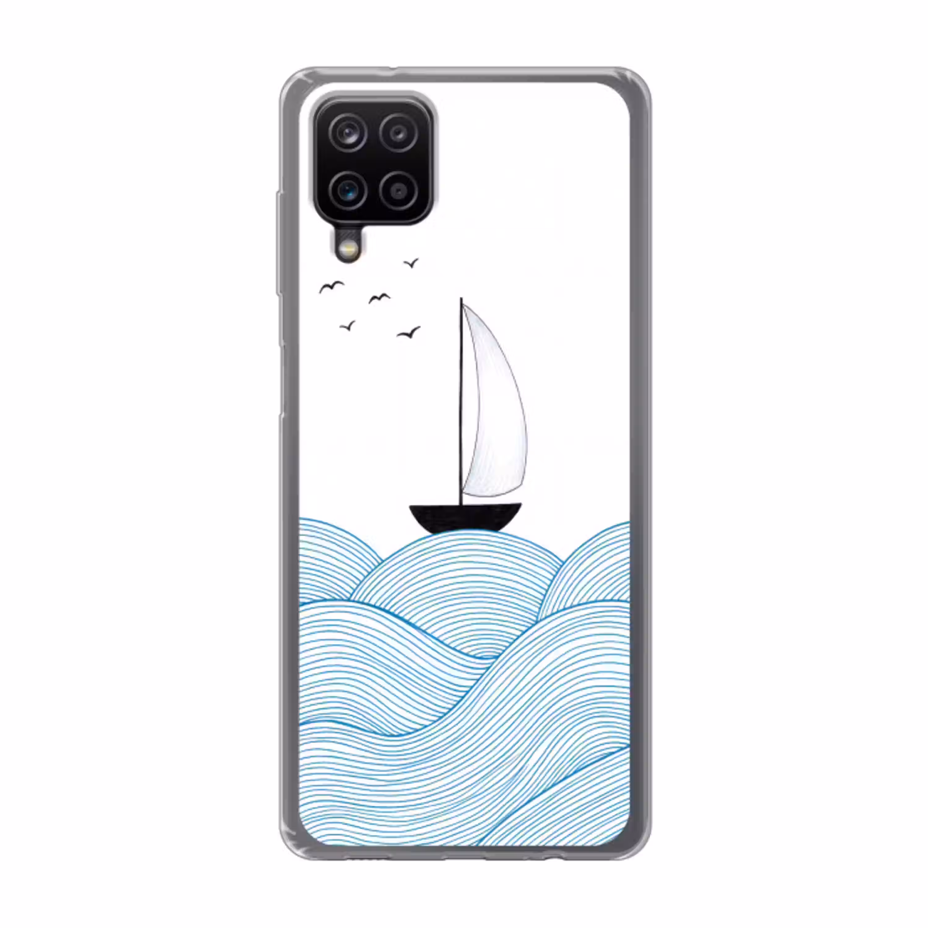 Zeilboot - Golven - Zee - Illustratie - Blauw Telefoonhoesje Samsung Galaxy A12 klein -3d