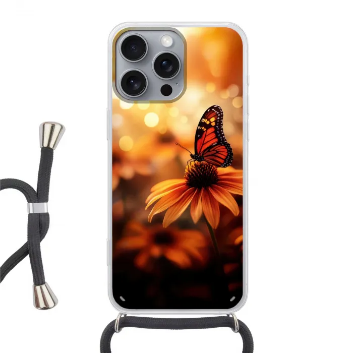 Vlinder - Bloemen - Oranje Hoesje iPhone 16 Pro Max met koord klein -3d