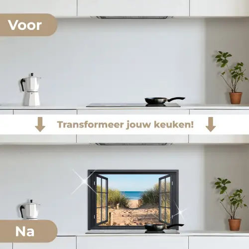 Doorkijk - Strand - Zee - Zand - Water - Helmgras - Duinen keuken achterwand spatscherm klein -voor_na_NL