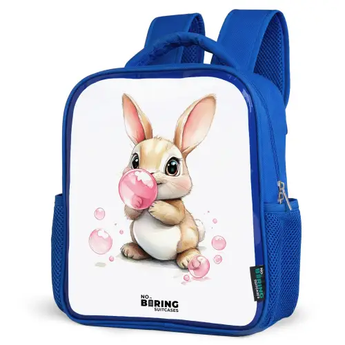 Bruin konijntje met roze bellen Kinderrugzak - Blauw middel -schuin