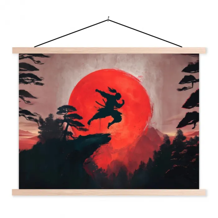 Zon - Krijger - Bomen - Bergen textielposter latten blank klein -3d