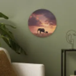 Olifanten - Grasland - Zonsondergang Akoestische PET Vilt - Rond klein -sfeer2