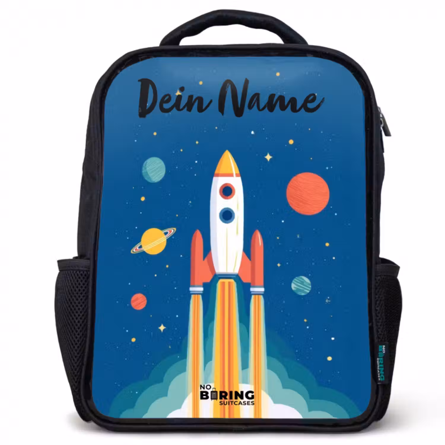 Kinderrucksack mit Namen - Schwarz - Rakete - Planet - Sterne - Mehrfarbig