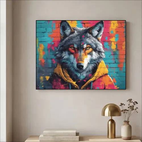 Graffiti - Wolf - Street art - Blauw Textielframe zwart klein -sfeer2