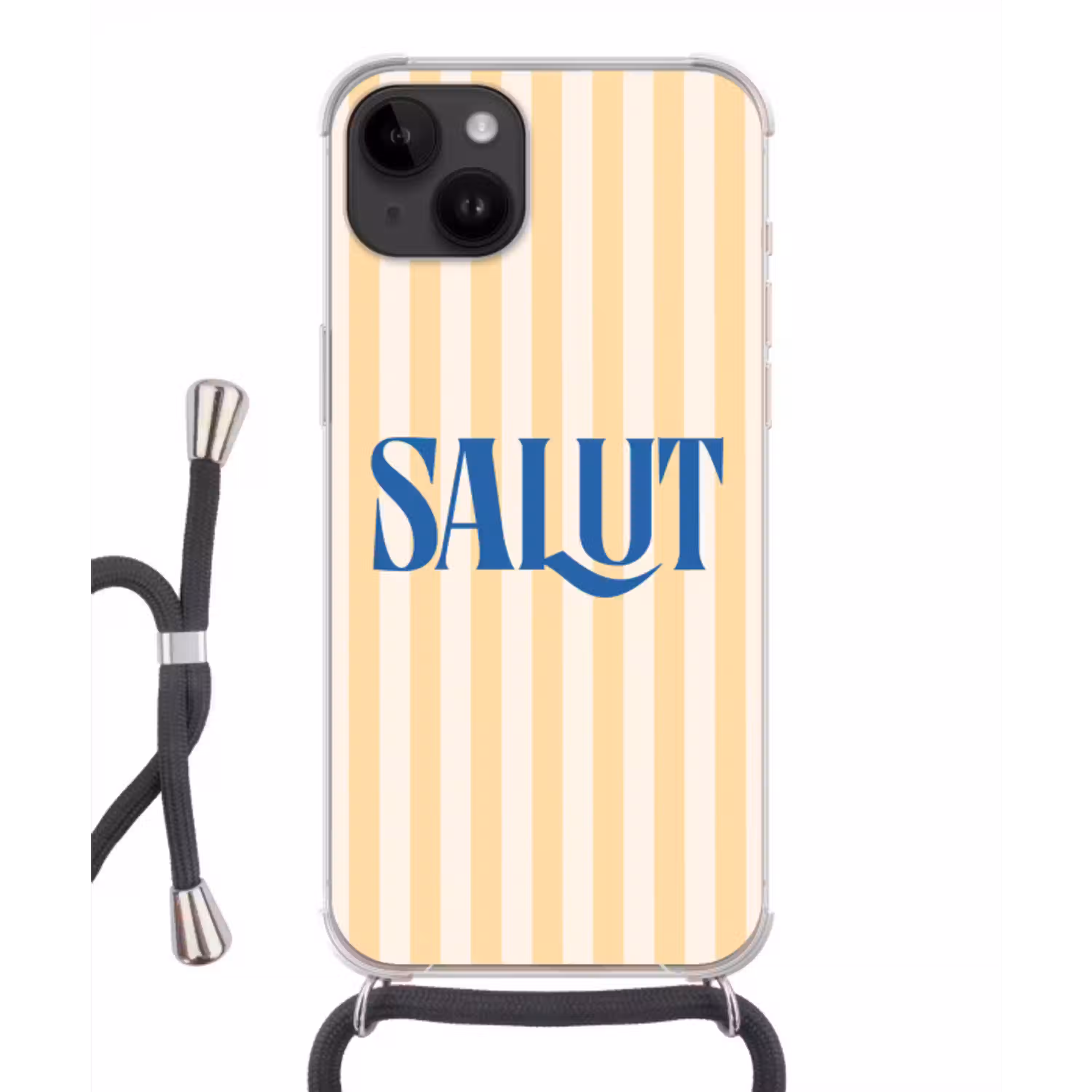 Salut - Quote - Strepen - Geel - Blauw - Wit Crossbody Case iPhone 14 middel -3d