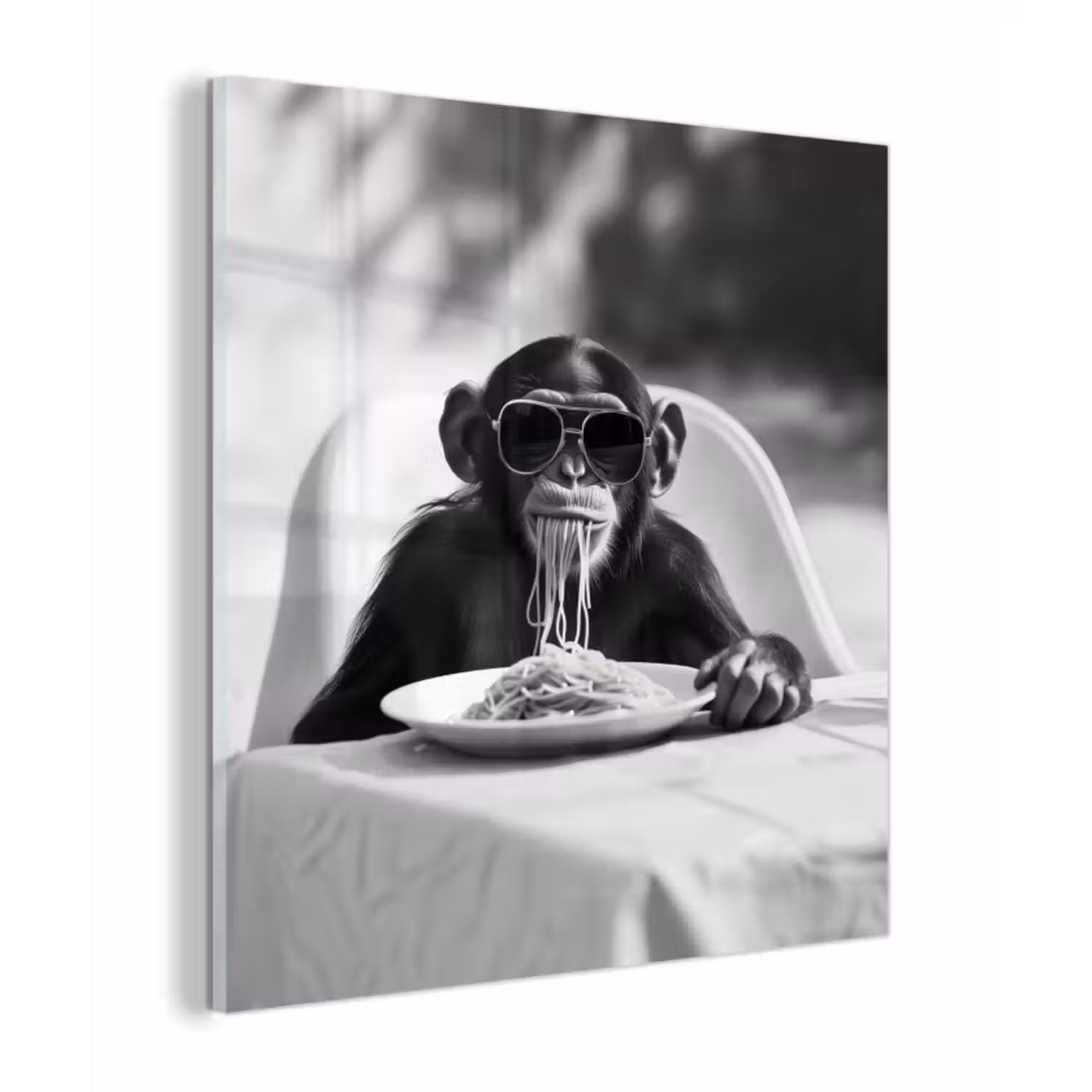 Glas schilderij - Aap - Spaghetti - Zonnebril - Zwart wit - Cool - Dier