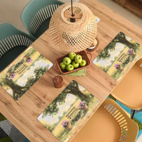 Houten bankje - Bloempotten - Landschap Placemat vinyl groot -zzsfeer5_Kitchenyeah-website