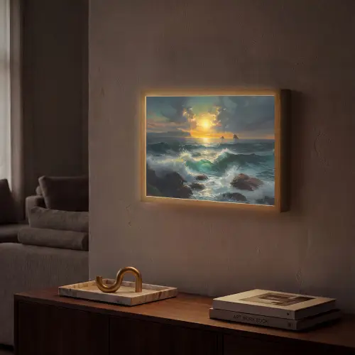 Zee - Zon - Golven - Rotsen Light Box met batterij (Wandlamp) middel -sfeer1