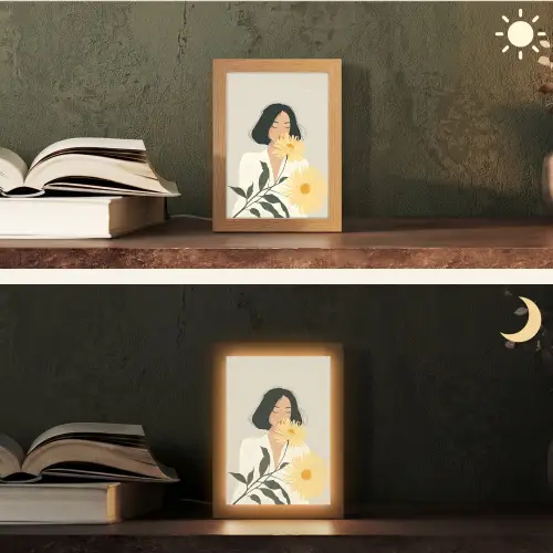 Vrouw - Bloem - Geel - Minimalistisch Light Box met kabel (Tafellamp) klein -sfeer3