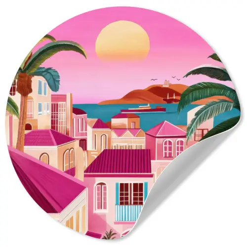 Stad - Roze - Palmbomen Wandcirkel behangsticker klein -3d