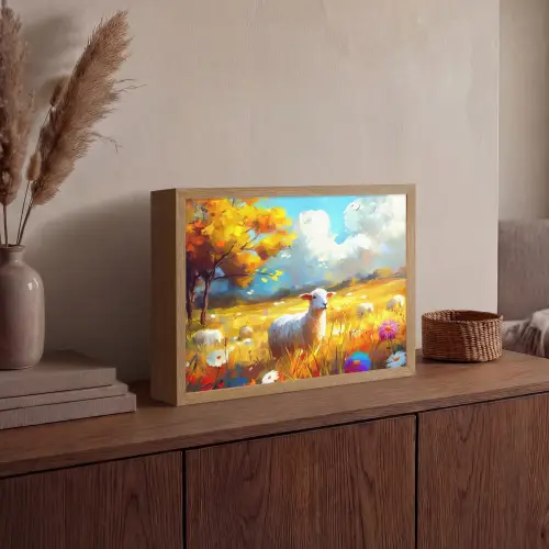 Schaap - Weide - Bloemen Light Box met batterij (Wandlamp) middel -sfeer2