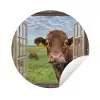 Doorkijk - Koe - Weiland - Landschap - Dieren Wandcirkel tuinposter met ringen klein -3d