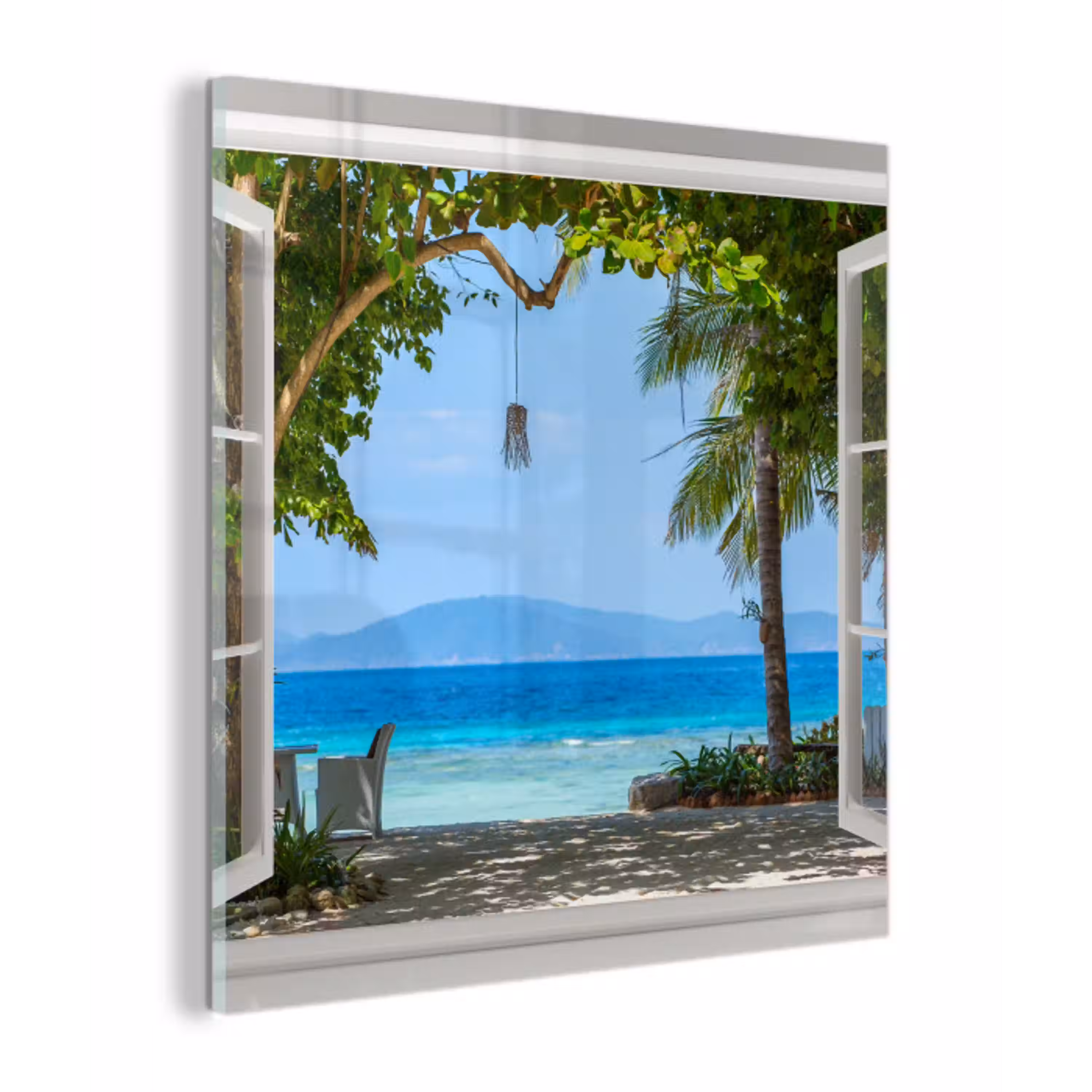 Doorkijk - Boom - Zee - Palmboom - Heuvels - Strand - Blauw plexiglas 5mm klein -z3d