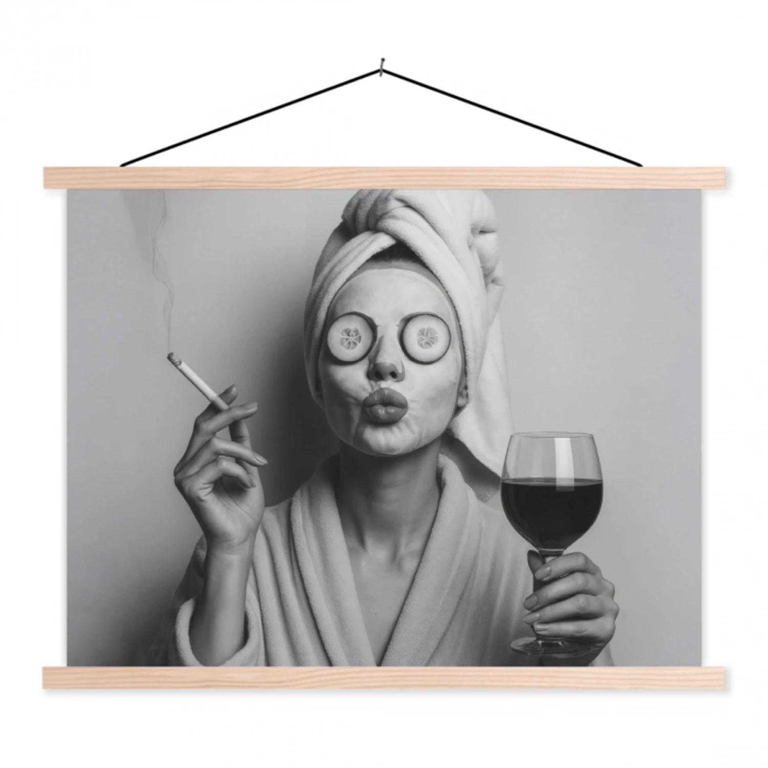 Vrouw - Masker - Wijn - Sigaret textielposter latten blank klein -3d