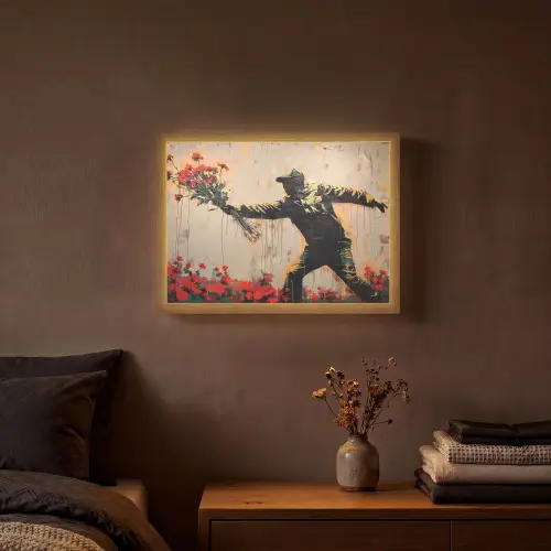 Street art - Man - Bloemen - Graffiti - Banksy Style Light Box met batterij (Wandlamp) middel -sfeer4