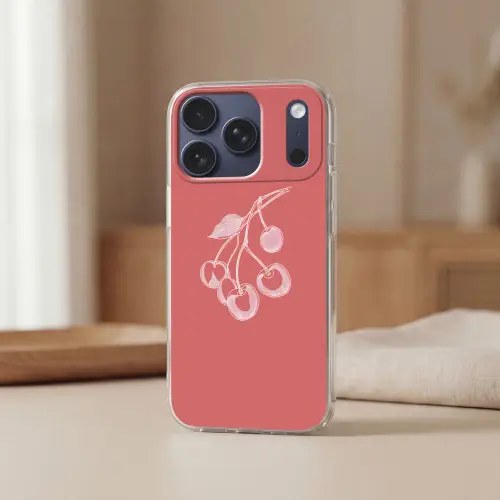Lijnillustratie - Kersen - Tak - Wit Telefoonhoesje iPhone 17 Pro klein -sfeer2