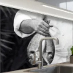 Vissen - Chef - Zwart - Wit keuken achterwand 2 middel -zzzz3d_schuin