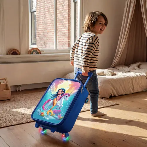 Zeemeermin met gouden staart met een witte eenhoorn Kinderkoffer - Blauw klein -sfeer1