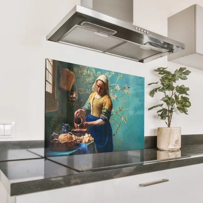 Spatscherm Aluminium - Het Melkmeisje met Blauwe Achtergrond