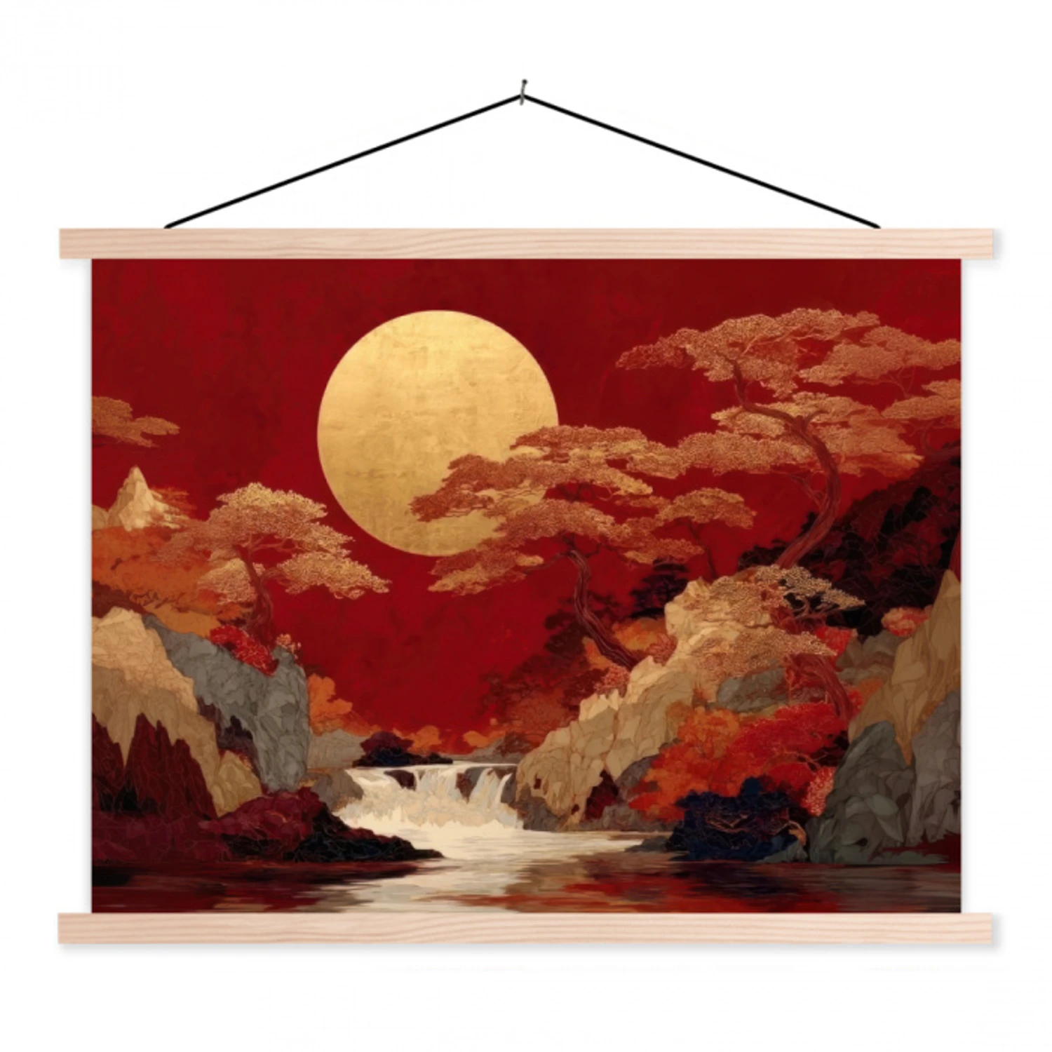 Volle maan - Landschap - Waterval textielposter latten blank klein -3d