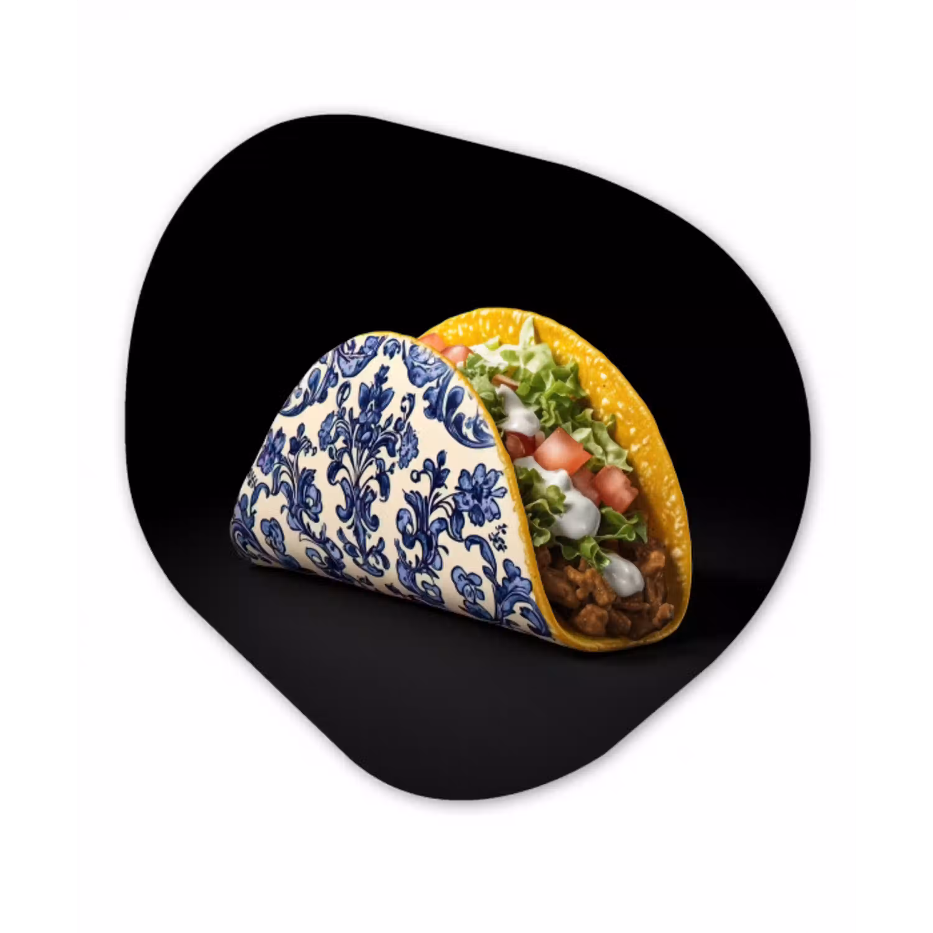 Taco - Vlees - Salade - Delftsblauw - Motief Wandcirkel Organisch Aluminium middel -3d